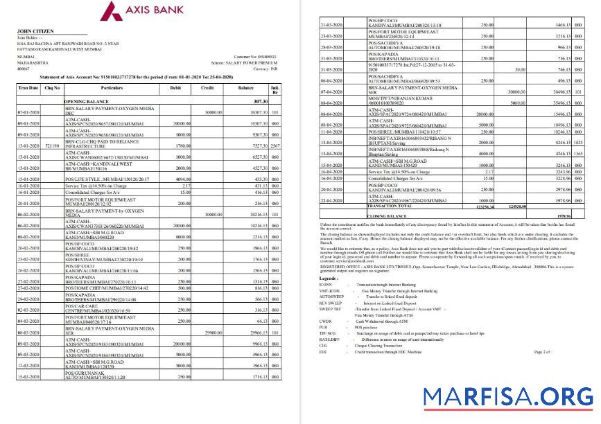 Printable India Axis bank statement word template